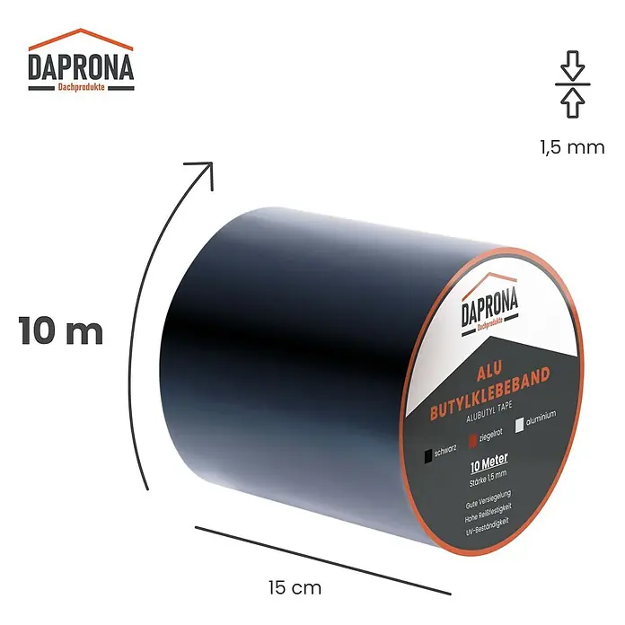 Daprona Dichtungsband - Kunststoff - Schwarze Aluminium-Butylklebebandrolle, 10m lang, 1,5mm dick, 15cm breit, für Abdichtung, hohe Reißfestigkeit und UV-Beständigkeit.