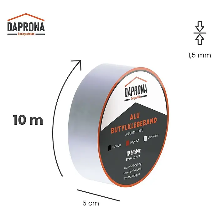 Daprona Dichtungsband - Kunststoff - DAPRONA Aluminium-Butylband Rolle, 10 m lang, 5 cm breit, 1,5 mm dick, für Dachprodukte.