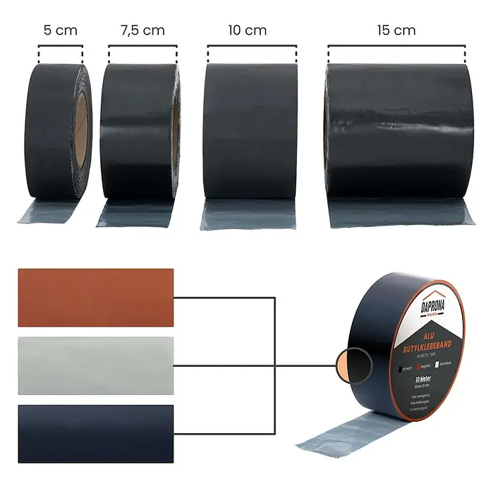 Daprona Dichtungsband - Kunststoff - Alu Butylklebeband Rollen in verschiedenen Breiten und Farben.