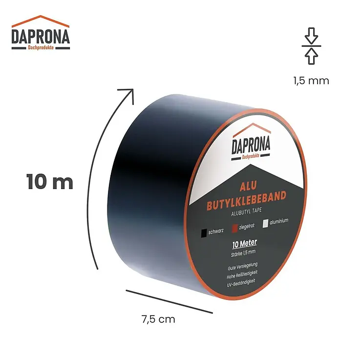 Daprona Dichtungsband - Kunststoff - Schwarze ALU-Butylklebebandrolle (10m x 7,5cm x 1,5mm) von DAPRONA mit guter Versiegelung, hoher Reißfestigkeit und UV-Beständigkeit.