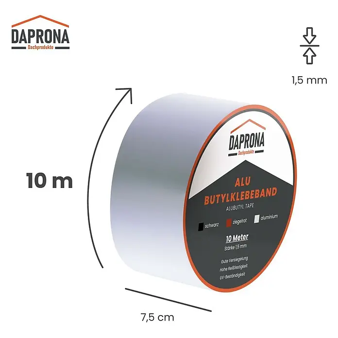 Daprona Dichtungsband - Kunststoff - Silberne Aluminium-Butylklebebandrolle, 10m lang, 7,5cm breit, 1,5mm stark, zur Abdichtung.