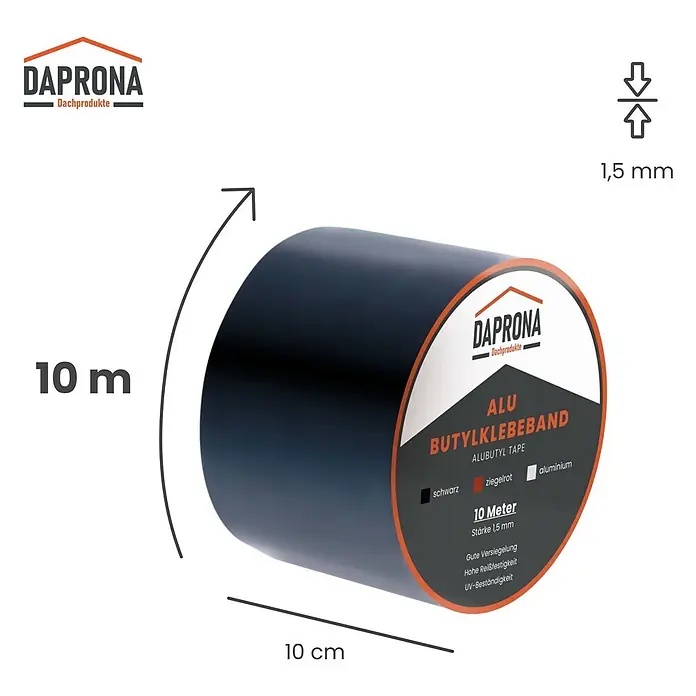 Daprona Dichtungsband - Kunststoff - Schwarzes DAPRONA Butylklebeband, 10m lang, 10cm breit und 1,5mm dick.