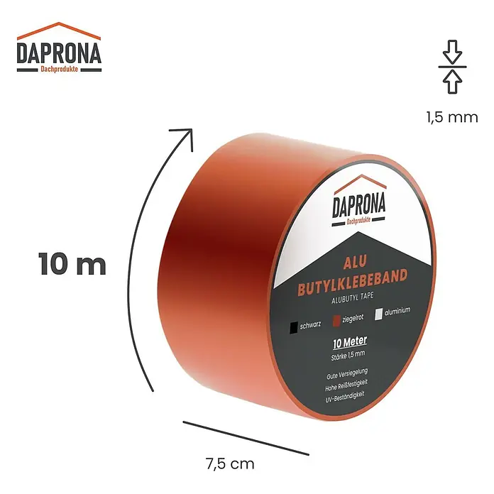 Daprona Dichtungsband - Kunststoff - Daprona ziegelrotes Aluminium-Butylband, 10 m lang, 7,5 cm breit, 1,5 mm stark, zum Abdichten.
