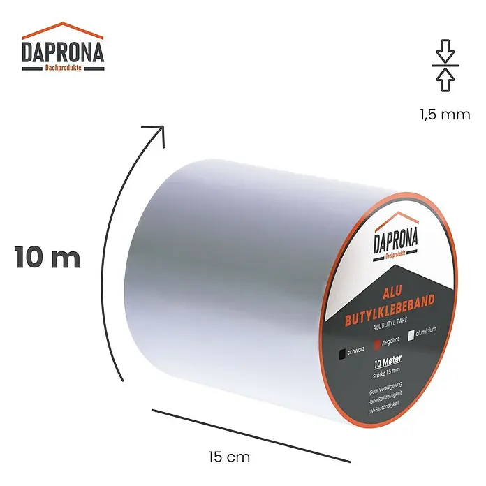 Daprona Dichtungsband - Kunststoff - Silberne Aluminium-Butylklebebandrolle, 10m lang, 15cm breit, 1,5mm dick.