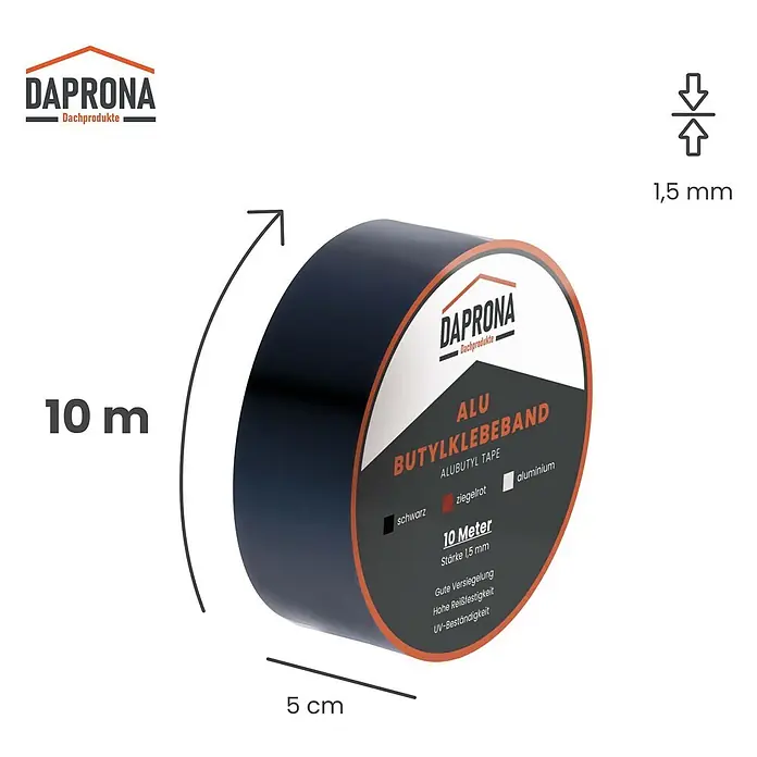 Daprona Dichtungsband - Kunststoff - Schwarzes Butyl-Klebebandrolle, 10 m lang, 5 cm breit, 1,5 mm dick.