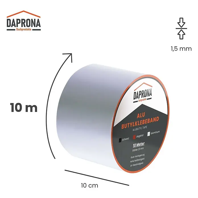 Daprona Dichtungsband - Kunststoff - Eine Rolle Aluminium-Butyl-Klebeband, 10 cm breit, 10 m lang und 1,5 mm dick.