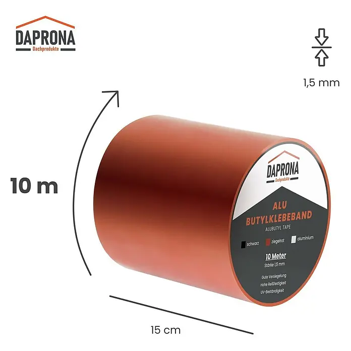 Daprona Dichtungsband - Kunststoff - DAPRONA Alu-Butylklebeband, ziegelrot, 10 Meter lang, 1,5 mm dick, 15 cm breite Rolle.