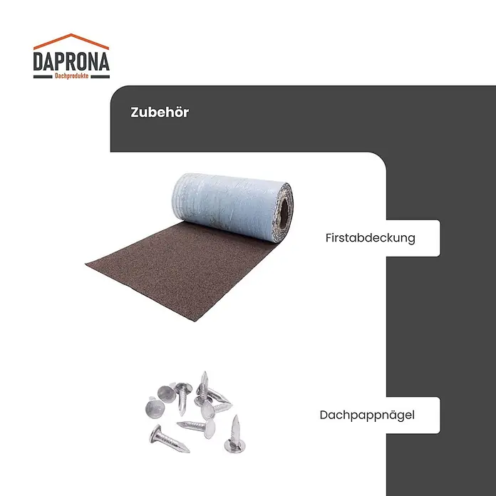 Daprona Bitumenschindel - B x L: 32 x 100 cm - Braune Dachpappe Firstabdeckung Rolle und silberne Dachpappnägel.