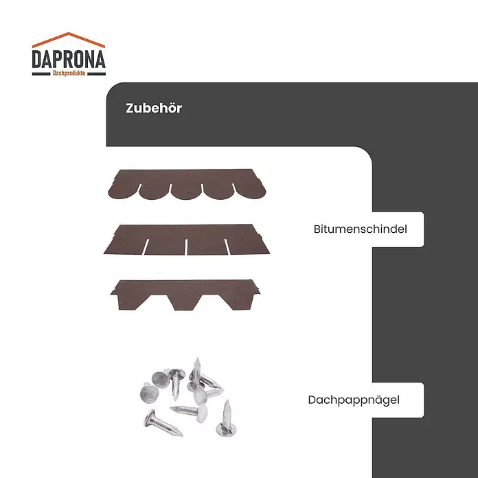 Daprona Bitumenschindel - B x L: 32 x 500 cm - Braune Bitumenschindeln in drei Formen und eine Ansammlung silberner Dachpappnägel, beides Dachzubehör.