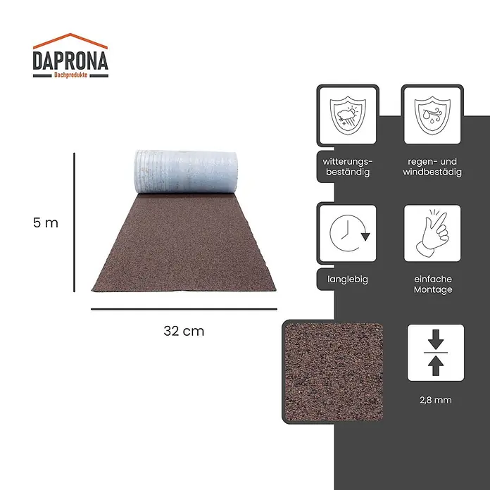 Daprona Bitumenschindel - B x L: 32 x 500 cm - Braune, genoppte Dachpappenrolle, 5m x 32cm, 2,8mm dick, wetterbeständig.