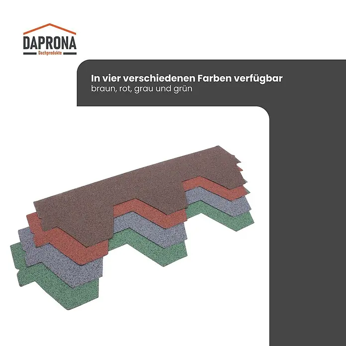 Daprona Bitumenschindel - B x L: 32 x 100 cm - Vier gestaffelte Dachschindeln in Braun, Rot, Grau und Grün.