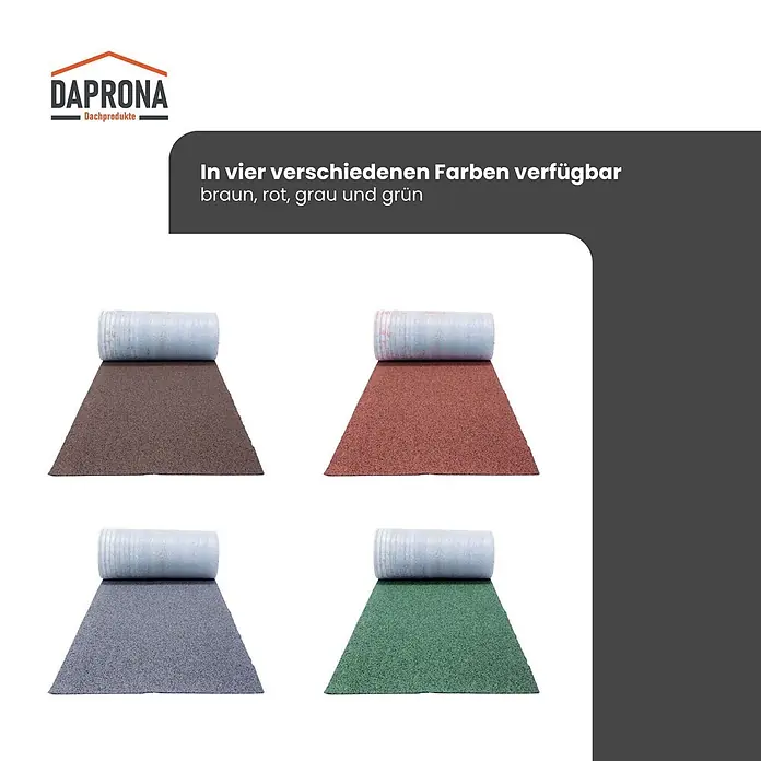 Daprona Bitumenschindel - B x L: 32 x 500 cm - Vier Rollen Dachpappe in Braun, Rot, Grau und Grün, teilweise ausgerollt zur Demonstration der Textur.