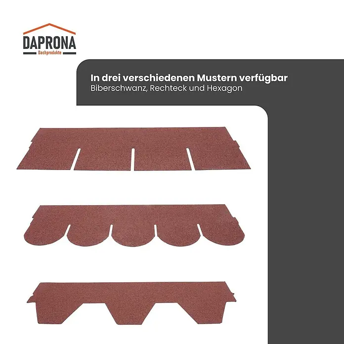 Daprona Bitumenschindel - B x L: 32 x 100 cm - Drei rotbraune Bitumenschindel-Muster: Biberschwanz, Rechteck und Hexagon.