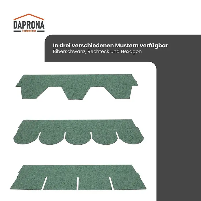 Daprona Bitumenschindel - B x L: 32 x 100 cm - Grüne Bitumenschindeln in drei Formen: Biberschwanz, Rechteck und Hexagon.