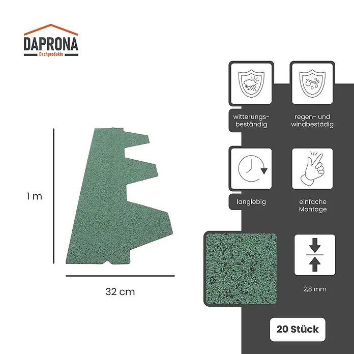 Daprona Bitumenschindel - B x L: 32 x 100 cm - Grüne, granulierte Dachschindel, 1m x 32cm, 2,8mm dick, langlebig und wetterbeständig.