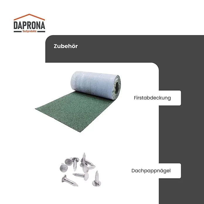 Daprona Bitumenschindel - B x L: 32 x 100 cm - Rolle grüner Dachpappe (Firstabdeckung) und ein Haufen silberner Dachpappnägel.
