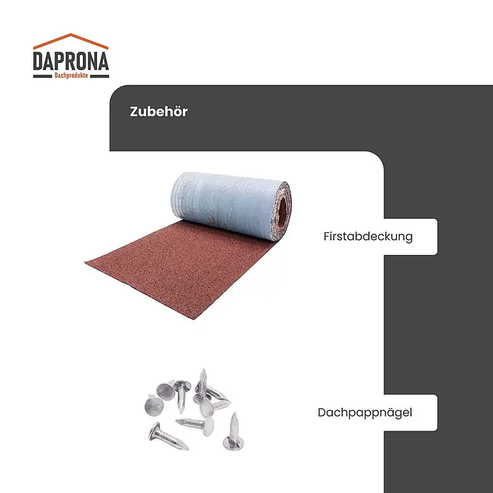 Daprona Bitumenschindel - B x L: 32 x 100 cm - Rolle rote Dachpappe und Dachpappnägel, Zubehör für Dachprodukte.