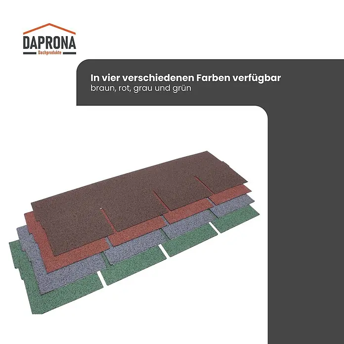 Daprona Bitumenschindel - B x L: 32 x 100 cm - Gestapelte Dachschindeln in Braun, Rot, Grau und Grün.
