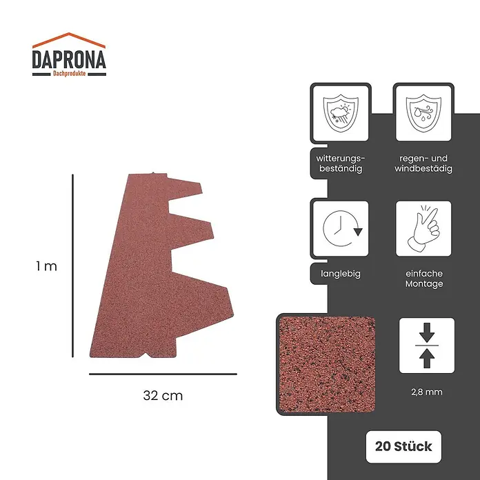 Daprona Bitumenschindel - B x L: 32 x 100 cm - Rote granulierte Dachschindel, 1m x 32cm, 2,8mm dick. Witterungsbeständig und einfach zu montieren.