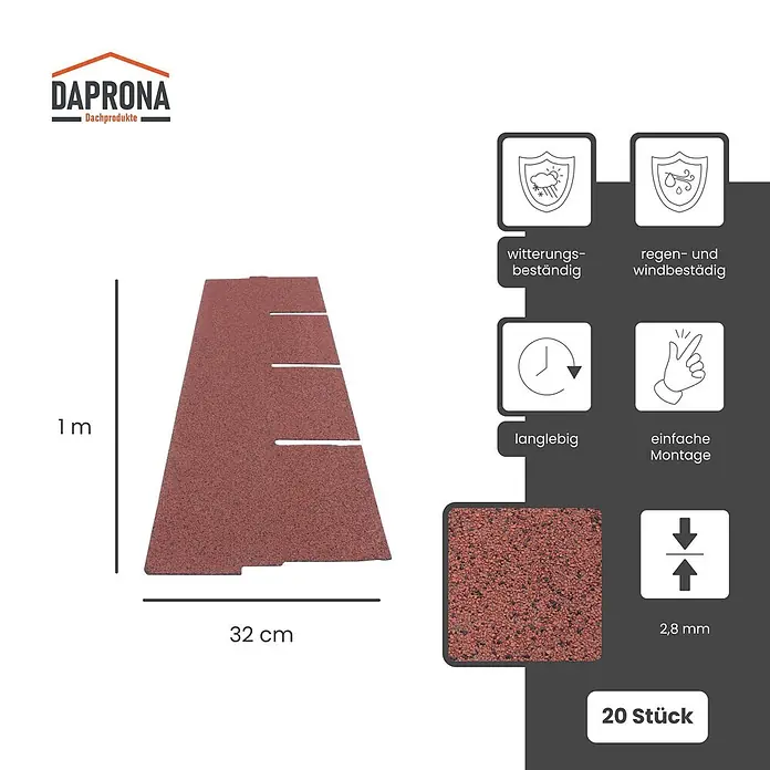 Daprona Bitumenschindel - B x L: 32 x 100 cm - Rotbraune granulierte Dachschindel, 1m lang, 32cm breit, 2,8mm dick. Wetterbeständig für Dächer.