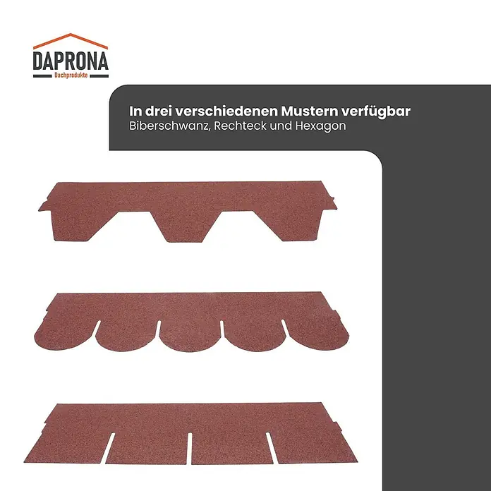 Daprona Bitumenschindel - B x L: 32 x 100 cm - Drei rotbraune Dachschindel-Muster: Biberschwanz, Rechteck und Hexagon.