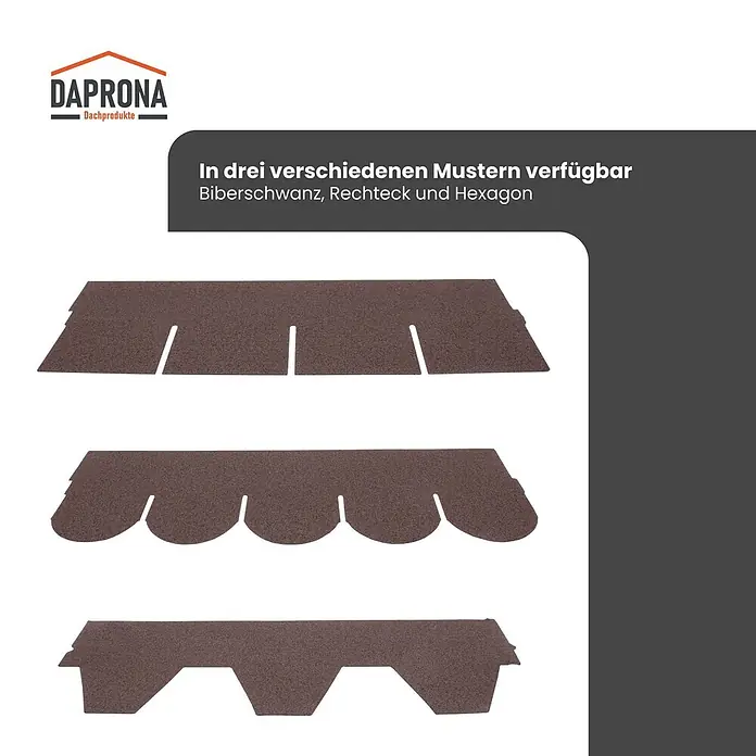 Daprona Bitumenschindel - B x L: 32 x 100 cm - Dunkelbraune Dachschindeln in drei Mustern: Biberschwanz, Rechteck und Hexagon.