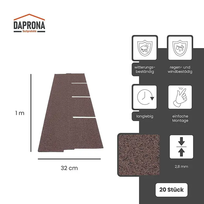 Daprona Bitumenschindel - B x L: 32 x 100 cm - Braune granulierte Bitumen-Dachschindel, 1m x 32cm, 2,8mm dick, wetterbeständig.
