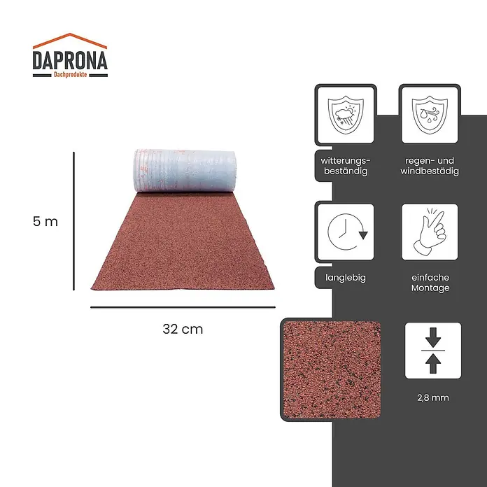 Daprona Bitumenschindel - B x L: 32 x 500 cm - Ziegelrote körnige Dachpappenrolle, 5 m lang und 32 cm breit, teilweise ausgerollt, mit 2,8 mm Dicke.