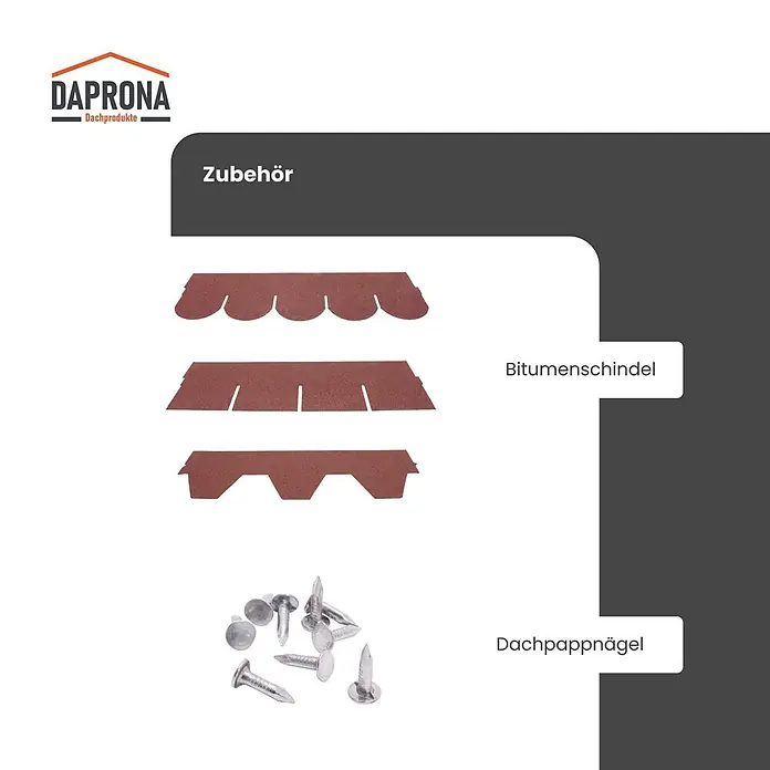Daprona Bitumenschindel - B x L: 32 x 500 cm - Braune Bitumenschindeln in drei Formen und ein Haufen silberner Dachpappnägel.