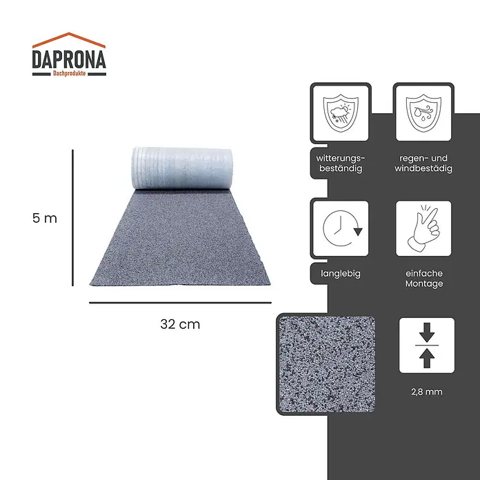 Daprona Bitumenschindel - B x L: 32 x 500 cm - Grau gekörnte Dachpappenrolle (5m x 32cm, 2,8mm dick), langlebig, witterungs-, regen- und windbeständig, einfache Montage.