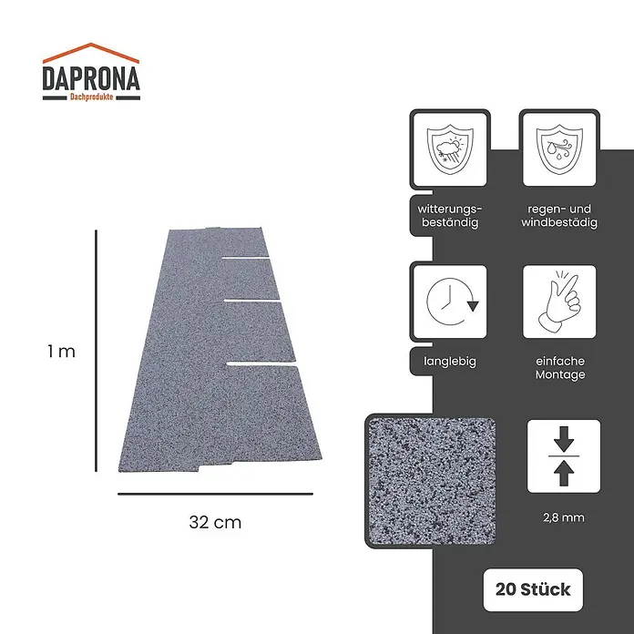 Daprona Bitumenschindel - B x L: 32 x 100 cm - Graue, granulierte Dachschindel, 1m x 32cm, 2,8mm dick, 20 Stück, wetterbeständig.