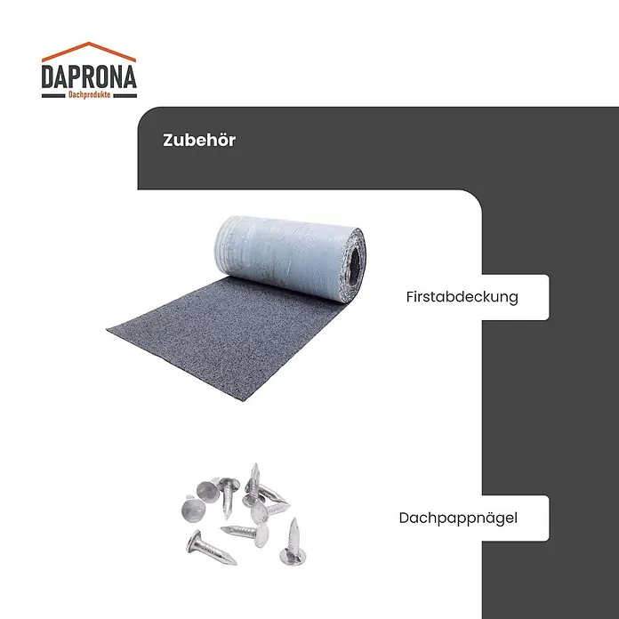 Daprona Bitumenschindel - B x L: 32 x 100 cm - Rolle graue bituminöse Firstabdeckung und ein Haufen Dachpappnägel.