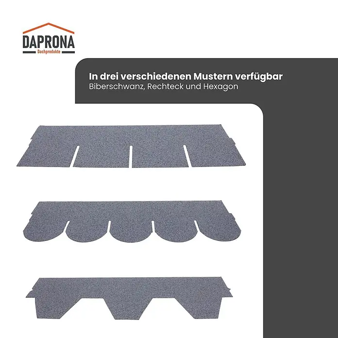 Daprona Bitumenschindel - B x L: 32 x 100 cm - Graue Bitumen-Dachschindeln in drei Mustern: Biberschwanz, Rechteck und Hexagon.