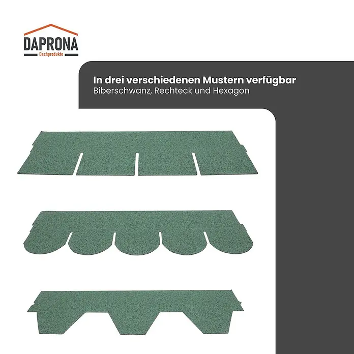 Daprona Bitumenschindel - B x L: 32 x 100 cm - Drei grüne Dachschindeln in Rechteck-, Biberschwanz- und Hexagon-Mustern.