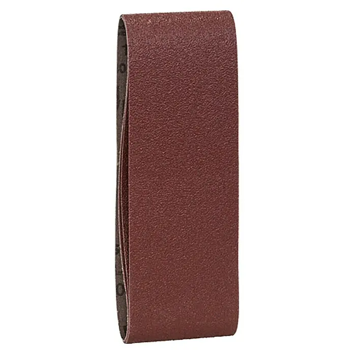 Bosch Schleifband-Set - 75 x 457 mm, 3 Stk. - Nahaufnahme eines Schleifbandes. Das Schleifband ist rotbraun und hat eine raue Oberfläche für Schleifarbeiten.