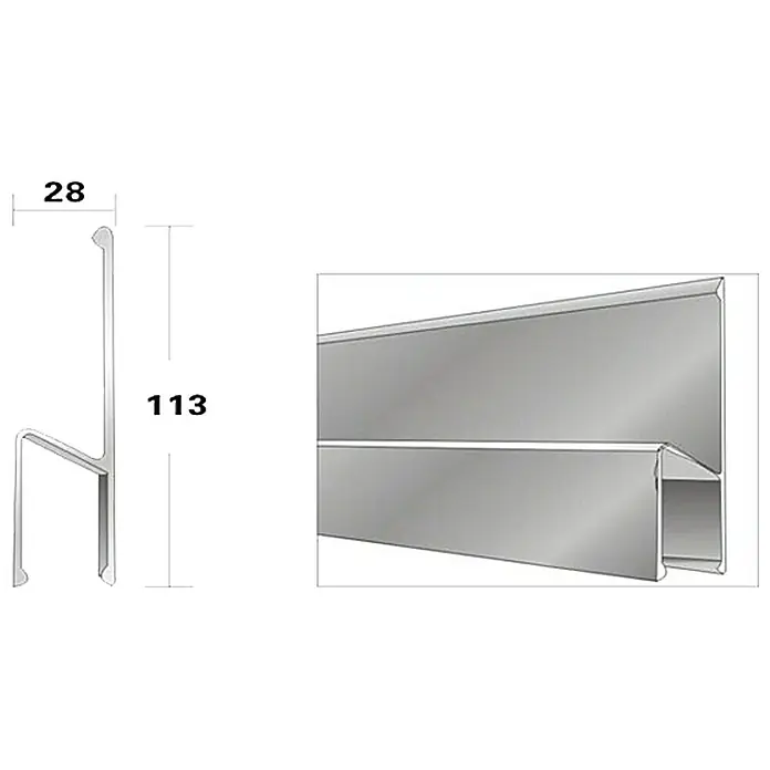 Wisent KartätscheLänge: 150 cm, H-Profil - Abbildung eines H-Profils mit den Maßen 28 mm Breite und 113 mm Höhe, dargestellt in einer technischen Zeichnung und einer perspektivischen Ansicht.