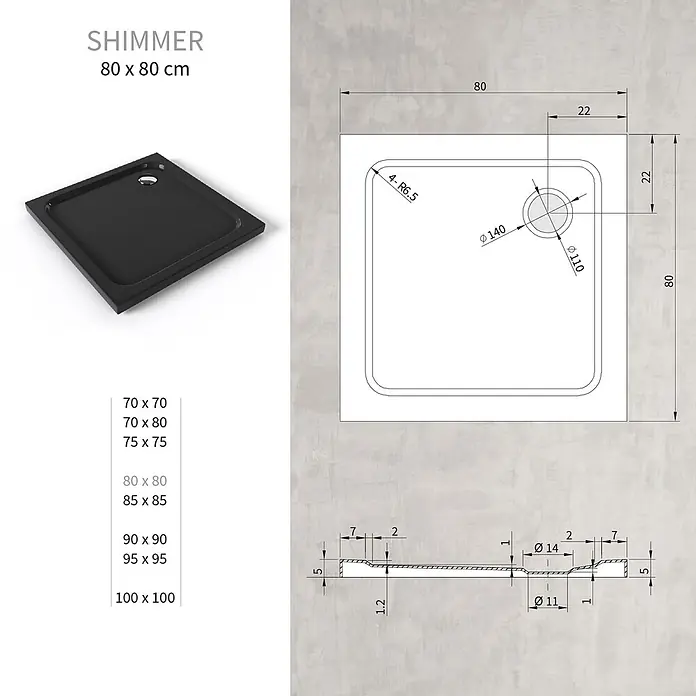i-flair Duschwanne SHIMMER 80x80 cm - L x B: 80 x 80 cm, Verbundwerkstoff, Schwarz - Schwarze quadratische Duschwanne, 80x80 cm, mit technischen Abmessungen.