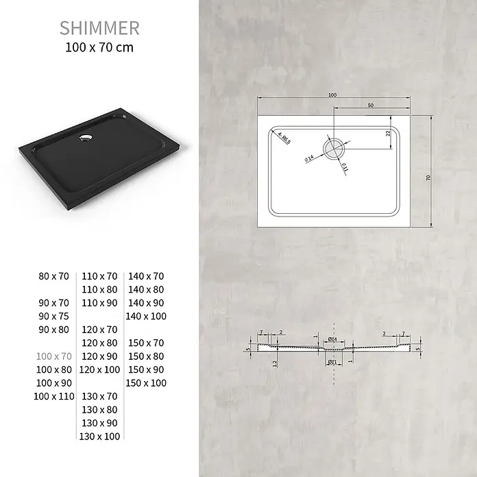 i-flair Duschwanne SHIMMER 70x100 cm - L x B: 100 x 70 cm, Verbundwerkstoff, Schwarz - Schwarze rechteckige Duschwanne mit zentralem Abfluss. Technische Zeichnung und verschiedene Größenoptionen sind dargestellt.