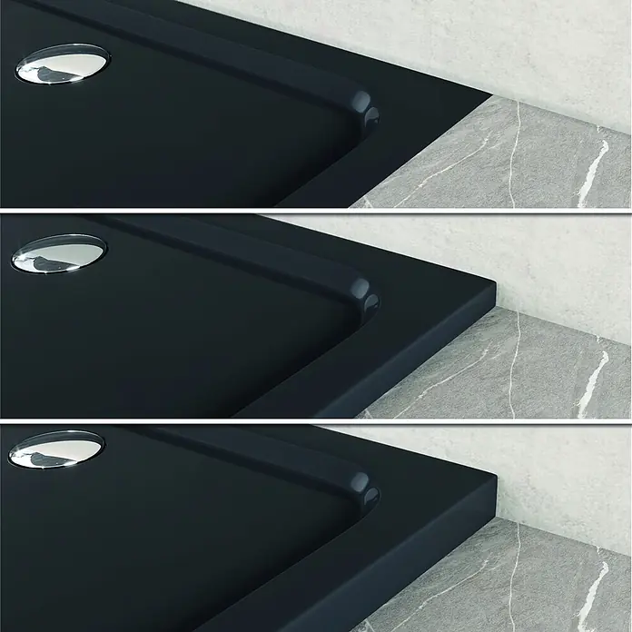 i-flair Duschwanne SHIMMER 80x80 cm - L x B: 80 x 80 cm, Verbundwerkstoff, Schwarz - Schwarze Duschwanne mit Chromablauf, integriert in eine hellgraue Marmoroberfläche im Bad.