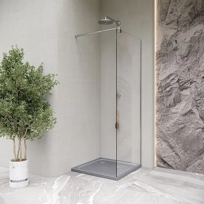 i-flair Duschwanne Shimmer STONE 80x80 cm - L x B: 80 x 80 cm, Verbundwerkstoff, Grau - Moderne Duschkabine mit dunkelgrauer Duschwanne und klaren Glaswänden in einem modernen Badezimmer.