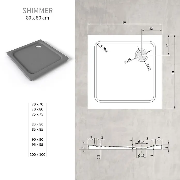 i-flair Duschwanne Shimmer STONE 80x80 cm - L x B: 80 x 80 cm, Verbundwerkstoff, Grau - Graue texturierte Duschwanne, Modell Shimmer 80x80 cm, mit technischen Maßen.