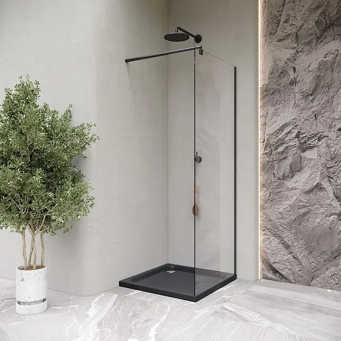 i-flair Duschwanne SHIMMER 80x80 cm - L x B: 80 x 80 cm, Verbundwerkstoff, Schwarz - Schwarze quadratische Duschwanne mit klarem Glas-Duschwand und schwarzem Duschkopf in einem modernen Badezimmer.
