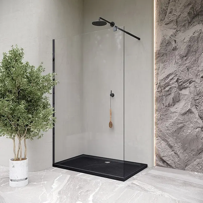 i-flair Duschwanne Shimmer STONE 100x120 cm - L x B: 120 x 100 cm, Verbundwerkstoff, Schwarz - Rechteckige schwarze Duschwanne mit klarer Glaswand und mattschwarzem Duschsystem in einem modernen Badezimmer.