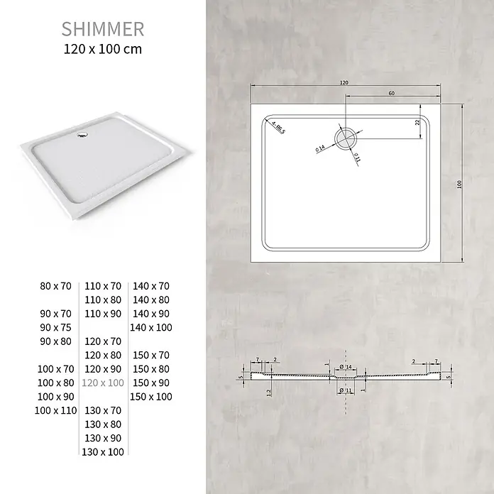 i-flair Duschwanne Shimmer STONE 100x120 cm - L x B: 120 x 100 cm, Verbundwerkstoff, Weiss - Weiße, texturierte, rechteckige Duschwanne (120 x 100 cm) mit zentralem Ablauf.