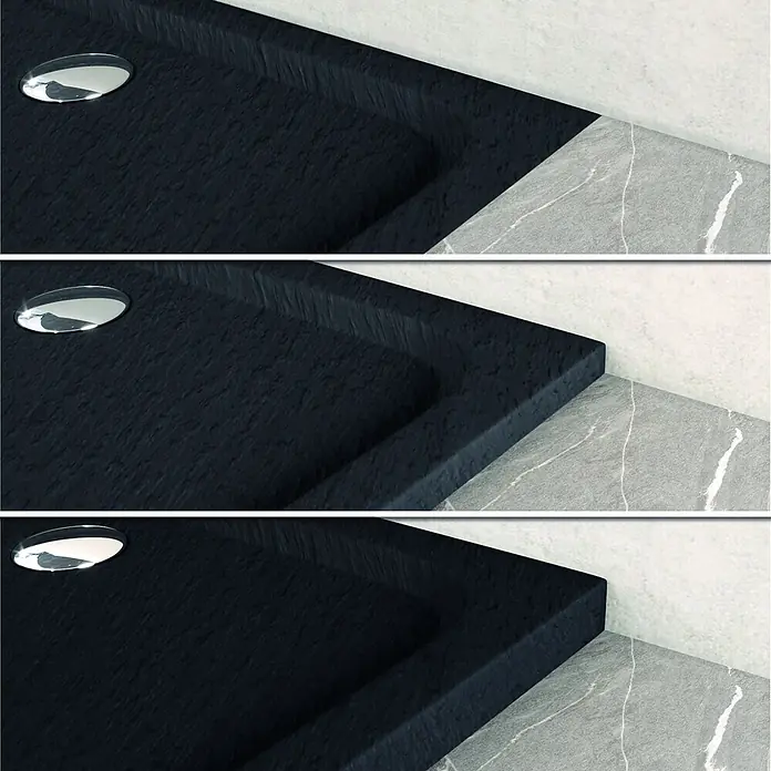 i-flair Duschwanne Shimmer STONE 100x120 cm - L x B: 120 x 100 cm, Verbundwerkstoff, Schwarz - Dunkle, texturierte Duschwanne mit Chromablauf, in einem gefliesten Bad installiert.