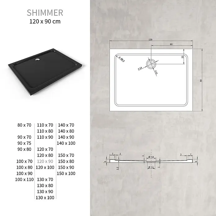 i-flair Duschwanne SHIMMER 90x120 cm - L x B: 120 x 90 cm, Verbundwerkstoff, Schwarz - Eine schwarze rechteckige Duschwanne mit mittigem Abfluss, 120 x 90 cm.