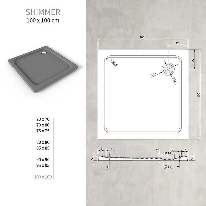 i-flair Duschwanne Shimmer STONE 100x100 cm - L x B: 100 x 100 cm, Verbundwerkstoff, Grau - Graue quadratische Duschwanne mit Eckablauf und technischen Maßen.