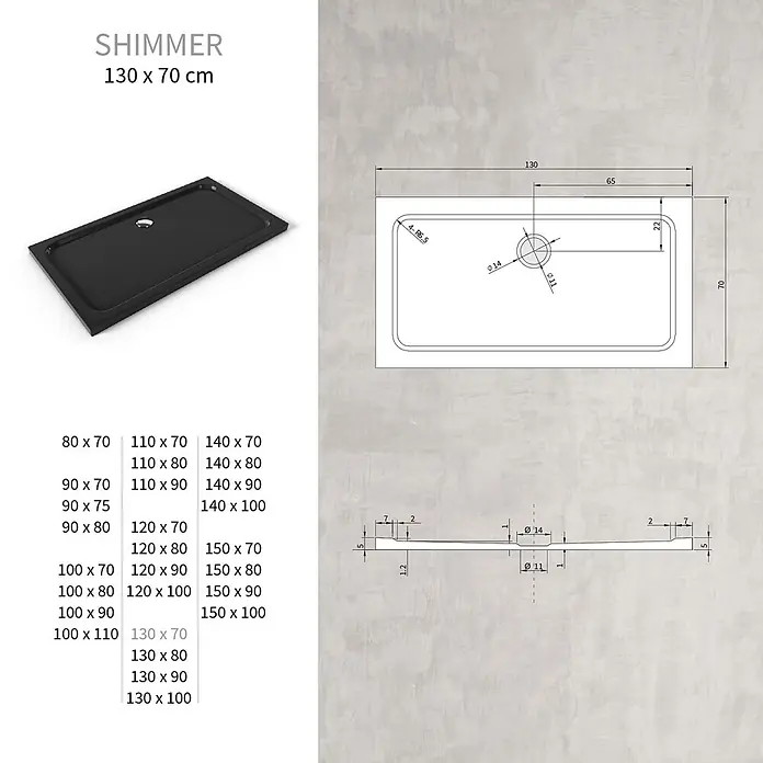 i-flair Duschwanne SHIMMER 70x130 cm - L x B: 130 x 70 cm, Verbundwerkstoff, Schwarz - Schwarze rechteckige Duschwanne mit versetztem Abfluss.