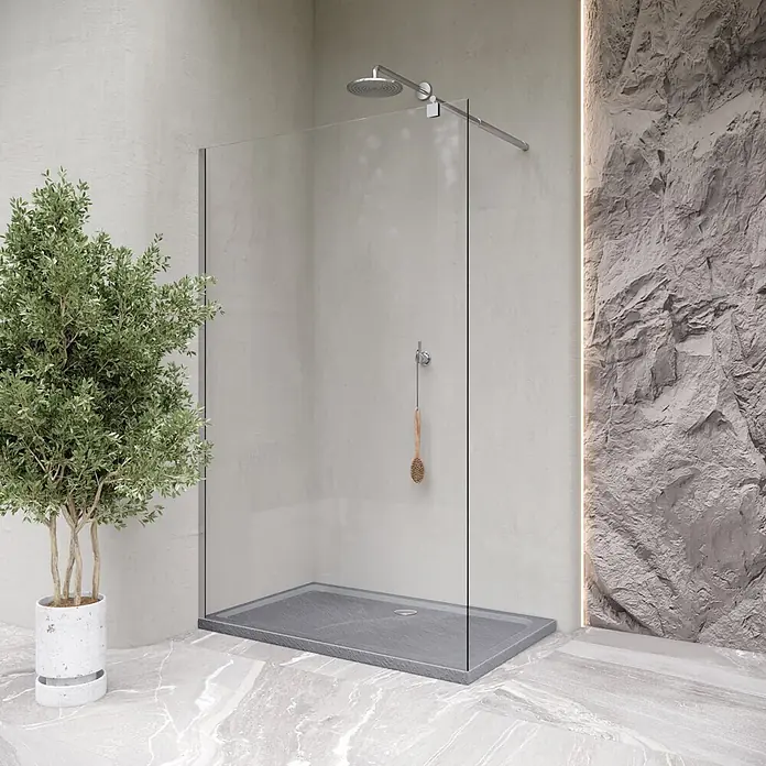 i-flair Duschwanne Shimmer STONE 100x120 cm - L x B: 120 x 100 cm, Verbundwerkstoff, Grau - Moderne begehbare Dusche mit einer transparenten Glaswand und einer grauen, rechteckigen Duschwanne im Badezimmer.