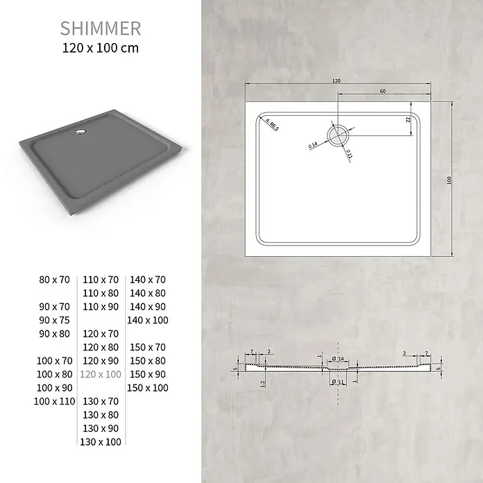 i-flair Duschwanne Shimmer STONE 100x120 cm - L x B: 120 x 100 cm, Verbundwerkstoff, Grau - Graue rechteckige Duschwanne mit mittigem Abfluss und technischen Maßen von 120x100 cm.